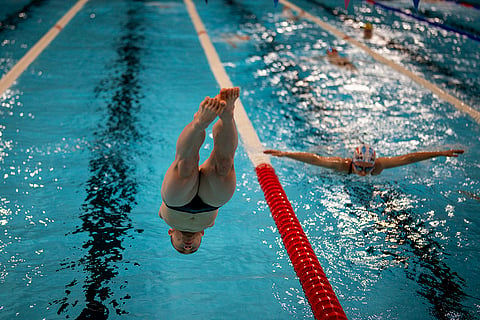 2024 Paris Paralympics: Guo Jincheng, of China, jumps into the pool during a warm up session